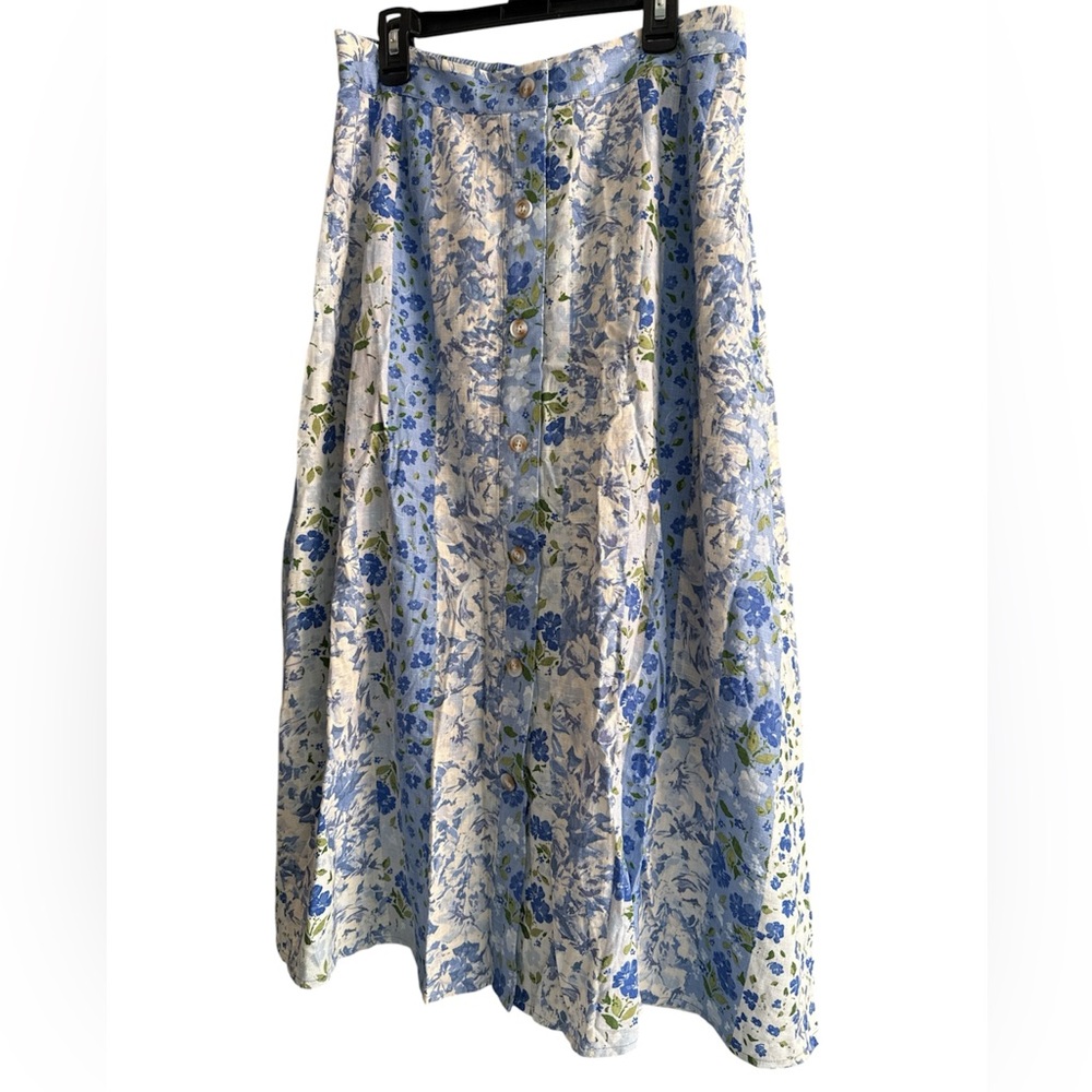 Blue & White A Line Garden Floral Button-Front Lined Midi Skirt Size M - Picture 2 of 9